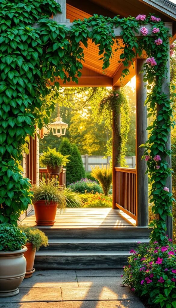 A lush, inviting front porch with an abundance of vibrant, verdant plants cascading over the railings and framing the entryway. The scene is bathed in warm, golden afternoon sunlight, creating a cozy, welcoming atmosphere. Towering potted plants flank the steps, their lush foliage contrasting beautifully with the weathered wood of the porch. Trailing vines and flowering climbers adorn the porch columns, softening the architectural lines. In the background, a verdant garden bed spills over with a riot of colorful blooms, complementing the plant-based decor. The overall impression is one of natural beauty, serenity, and a seamless integration of the home with its surrounding landscape. A lush, inviting front porch with an abundance of vibrant, verdant plants cascading over the railings and framing the entryway. The scene is bathed in warm, golden afternoon sunlight, creating a cozy, welcoming atmosphere. Towering potted plants flank the steps, their lush foliage contrasting beautifully with the weathered wood of the porch. Trailing vines and flowering climbers adorn the porch columns, softening the architectural lines. In the background, a verdant garden bed spills over with a riot of colorful blooms, complementing the plant-based decor. The overall impression is one of natural beauty, serenity, and a seamless integration of the home with its surrounding landscape.