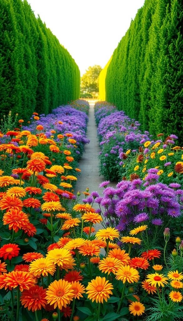 A lush, late summer garden bursting with vibrant blooms. In the foreground, a carefully curated arrangement of dahlias, zinnias, and marigolds in a riot of oranges, yellows, and reds. The middle ground features a meandering path lined with cascading clusters of purple and pink asters, their petals backlit by the warm, golden afternoon sun. In the background, a softly blurred border of towering, verdant hedges frames the scene, creating a sense of depth and enclosure. The overall composition exudes a sense of abundant, natural beauty and a harmonious fusion of color, texture, and form - a captivating inspiration for late summer landscape design.