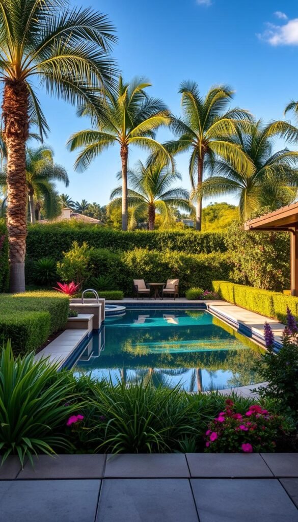 A lush, manicured backyard oasis with a sparkling in-ground pool nestled amidst an array of verdant foliage. In the foreground, a harmonious blend of ornamental grasses, vibrant flowers, and neatly trimmed hedges frames the pool's edge. The middle ground features a seamless stone patio, with strategically placed patio furniture inviting relaxation. In the background, a row of towering palm trees sway gently, casting warm, dappled shadows across the scene. The pool itself is a mirror-like surface, reflecting the surrounding landscape and a cloudless azure sky. Soft, natural lighting bathes the entire composition, creating an atmosphere of tranquility and effortless elegance.