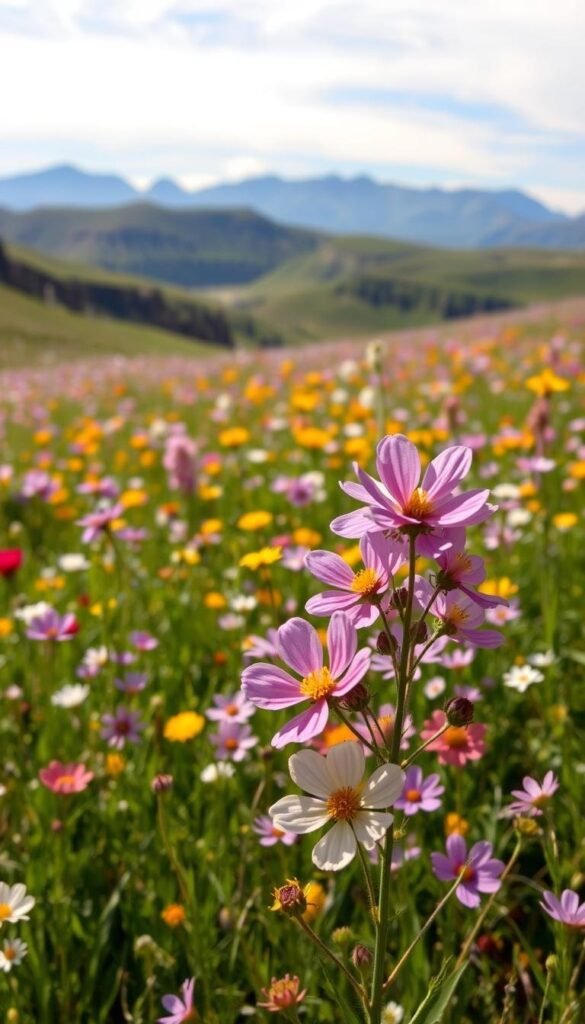 A lush meadow in a national park, carpeted with vibrant spring wildflowers in full bloom. Delicate petals in shades of pink, purple, yellow, and white sway gently in the warm breeze. In the foreground, a cluster of wildflowers stand tall, their petals catching the soft, diffused sunlight filtering through wispy clouds. The middle ground reveals a rolling landscape dotted with more blooms, leading the eye towards distant mountain peaks silhouetted against a clear, azure sky. The overall scene exudes a sense of tranquility and natural beauty, inviting the viewer to immerse themselves in the serene springtime wonder of a national park.