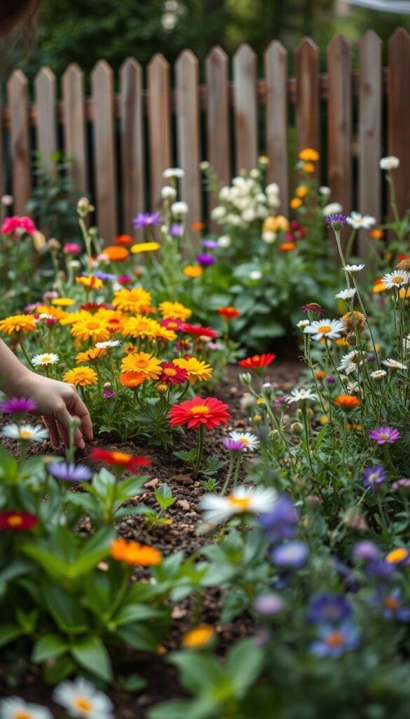 A lush, meticulously designed backyard garden, showcasing a variety of vibrant wildflowers and flourishing plants. In the foreground, a gardener diligently tending to the soil, their hands gently spreading seeds and nurturing the earth. The middle ground features a diverse array of colorful blooms, their petals dancing in the soft, diffused natural light. In the background, a picturesque wooden fence frames the scene, enhancing the sense of tranquility and harmony. The overall atmosphere is one of peaceful productivity, inviting the viewer to immerse themselves in the art of successful garden planting. A lush, meticulously designed backyard garden, showcasing a variety of vibrant wildflowers and flourishing plants. In the foreground, a gardener diligently tending to the soil, their hands gently spreading seeds and nurturing the earth. The middle ground features a diverse array of colorful blooms, their petals dancing in the soft, diffused natural light. In the background, a picturesque wooden fence frames the scene, enhancing the sense of tranquility and harmony. The overall atmosphere is one of peaceful productivity, inviting the viewer to immerse themselves in the art of successful garden planting.