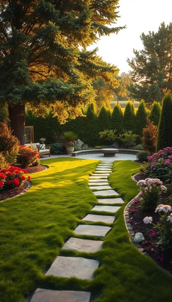 A lush, meticulously designed backyard oasis, featuring a gently sloping lawn, a curated selection of vibrant flowering plants, and a well-placed stone pathway leading to a tranquil seating area. The scene is bathed in warm, golden-hour lighting, creating a serene and inviting atmosphere. In the background, a verdant tree line frames the landscape, adding depth and a sense of enclosure. The overall composition strikes a harmonious balance between structured elements and natural beauty, showcasing the perfect backyard landscaping design. A lush, meticulously designed backyard oasis, featuring a gently sloping lawn, a curated selection of vibrant flowering plants, and a well-placed stone pathway leading to a tranquil seating area. The scene is bathed in warm, golden-hour lighting, creating a serene and inviting atmosphere. In the background, a verdant tree line frames the landscape, adding depth and a sense of enclosure. The overall composition strikes a harmonious balance between structured elements and natural beauty, showcasing the perfect backyard landscaping design.
