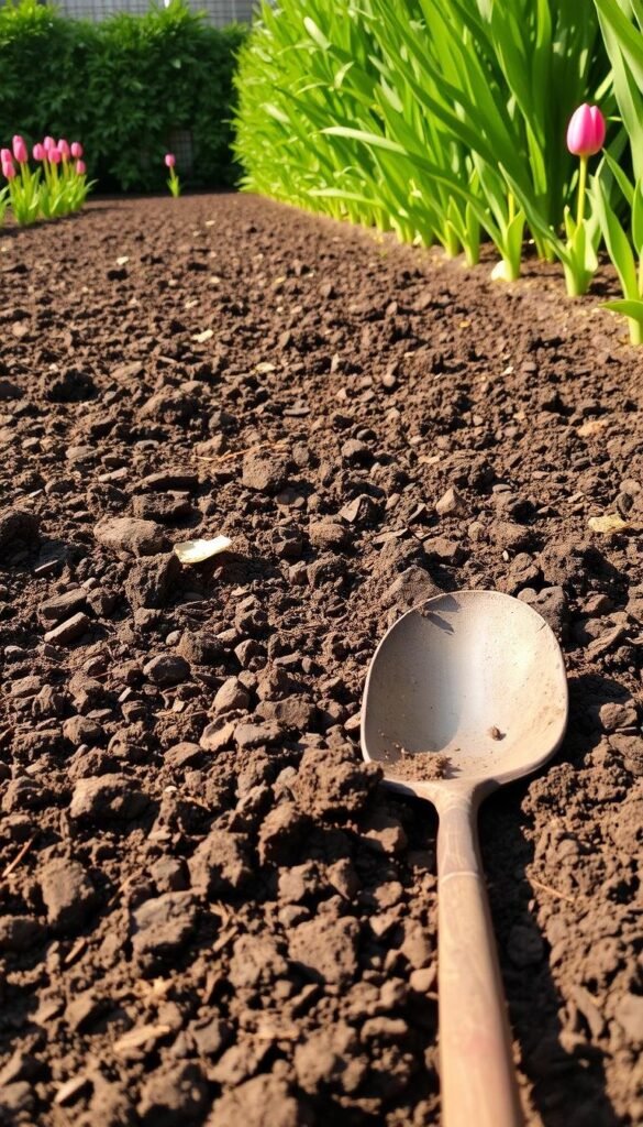 A lush, meticulously tended flower garden, the soil freshly turned and aerated, ready to nourish the vibrant tulips that will soon bloom. In the foreground, a spade rests in the rich, dark earth, evidence of the careful preparation. Mid-ground, hues of brown and black mingle, the soil's texture evident under the warm, golden light. Surrounding the garden, a verdant backdrop of verdant foliage frames the scene, creating a sense of harmony and tranquility. The overall atmosphere is one of anticipation, the garden poised to burst forth with color and life.