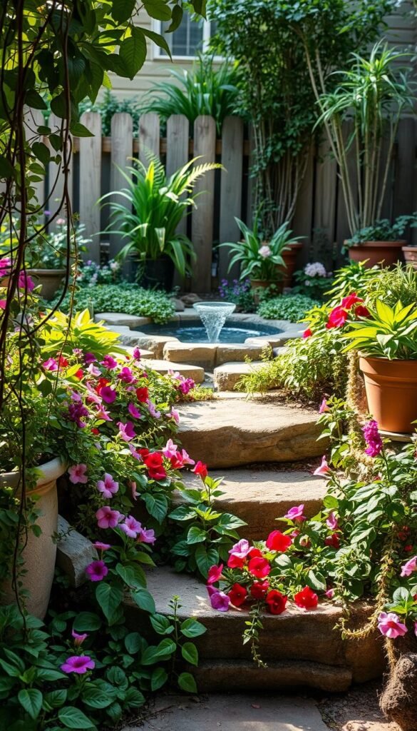 A lush, miniature garden nestled in a cozy backyard oasis. In the foreground, an array of vibrant flowers and trailing vines cascade over stone steps, inviting exploration. Soft, diffused sunlight filters through delicate foliage, casting gentle shadows and creating a serene, tranquil atmosphere. In the middle ground, a compact water feature gently bubbles, its soothing sounds complementing the verdant landscape. Surrounding the garden, a wooden fence and potted plants form a natural boundary, enhancing the sense of an intimate, hidden retreat. The overall composition conveys a sense of harmony, balance, and year-round maintenance for a small backyard paradise.
