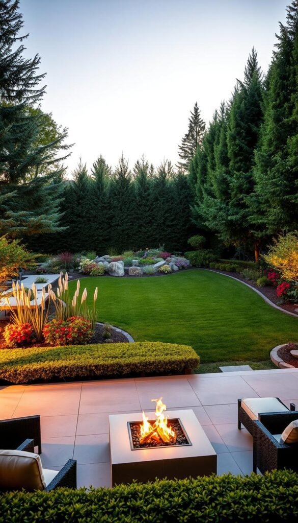 A lush, modern backyard oasis with a well-manicured lawn, vibrant flowerbeds, and a neatly trimmed hedge border. In the foreground, a sleek patio with contemporary outdoor furniture and a fire pit, bathed in warm, soft lighting. The middle ground features a harmonious blend of ornamental grasses, colorful perennials, and strategically placed boulders, creating a sense of depth and texture. In the background, a row of towering, verdant trees frames the scene, casting gentle shadows and adding depth to the composition. The overall atmosphere is one of sophisticated elegance and tranquility, perfectly complementing the curb appeal of the front yard.
