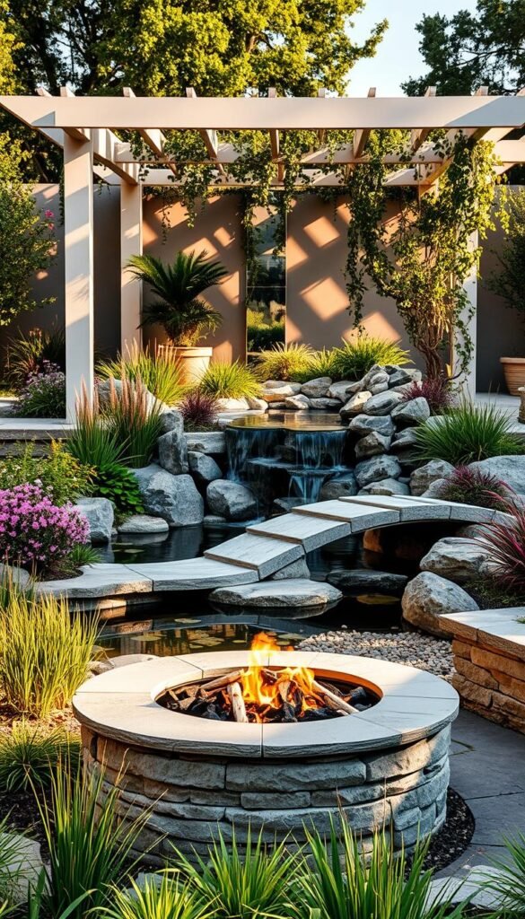 A lush, modern backyard oasis with decorative focal points. A serene koi pond with a curved stone bridge, surrounded by a mix of flowering shrubs and ornamental grasses. In the foreground, a contemporary fire pit with built-in stone seating, bathed in warm, inviting light. In the middle ground, a sculptural water feature cascades over natural rocks. The background showcases a sleek, minimalist pergola adorned with trailing vines, casting soft shadows across the scene. The overall atmosphere is one of tranquility and refined elegance, drawing the eye to the artfully arranged decorative elements.