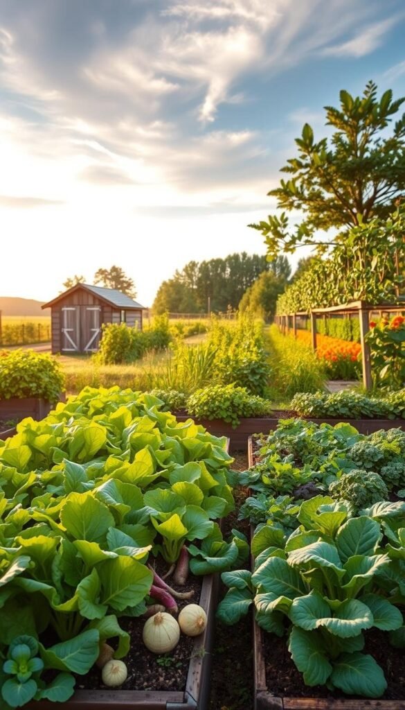 A lush, organic vegetable garden laid out in a thoughtful crop rotation system. The foreground showcases various leafy greens, root vegetables, and brassicas thriving in well-tended raised beds. The midground reveals a mix of flowering companion plants and trellised vining crops, creating a vibrant, natural ecosystem. In the background, a wooden shed and a distant tree line frame the scene, bathed in soft, golden late afternoon light filtered through wispy clouds. The overall composition conveys a sense of harmony, productivity, and a deep connection to the rhythms of the natural world.