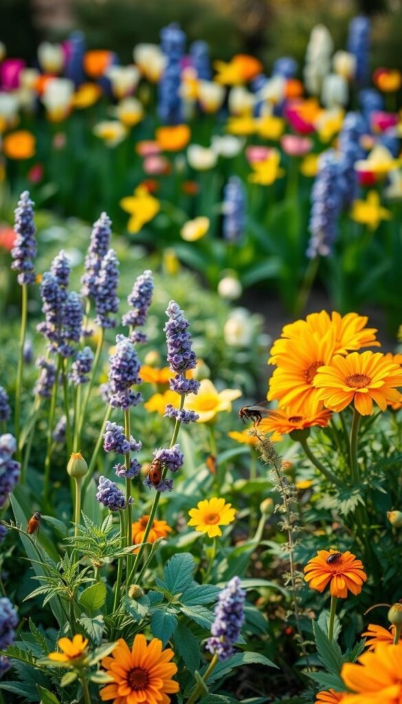 A lush, outdoor garden scene showcasing sustainable pest control methods. In the foreground, a variety of natural repellents like citronella plants, lavender, and marigolds are artfully arranged. The middle ground features predatory insects like ladybugs and lacewings, natural enemies of common garden pests. The background reveals a bountiful flower border, with vibrant blooms of spring flowers like tulips, daffodils, and hyacinths. Warm, diffused natural lighting illuminates the scene, creating a serene, inviting atmosphere. Captured with a shallow depth of field, emphasizing the organic, textural qualities of the plants. The overall composition highlights the harmony between effective pest management and a thriving, colorful garden.