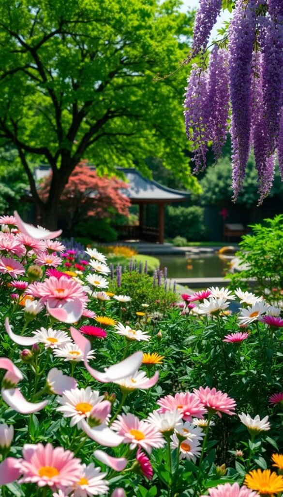 A lush, sun-dappled garden teeming with the vibrant blooms of carefully tended Japanese flowers. In the foreground, delicate sakura petals drift on a gentle breeze, framing a vibrant display of iridescent chrysanthemums and graceful, arching stalks of purple wisteria. The middle ground showcases the verdant foliage of Japanese maples, their leaves shimmering in the soft, diffused light. In the background, a traditional Japanese garden pavilion sits amidst a serene koi pond, mirroring the tranquil atmosphere. The entire scene is captured with a warm, natural color palette and a shallow depth of field, drawing the viewer's eye to the captivating floral arrangements.