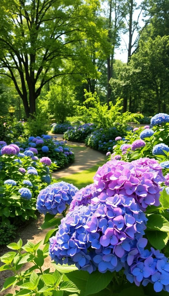 A lush, sun-dappled hydrangea garden, showcasing the plant's vibrant blue and pink hues. In the foreground, a cluster of hydrangeas in full bloom, their large, rounded flower heads cascading gracefully. The middle ground features a gently winding garden path, bordered by verdant foliage and dotted with more hydrangea plants in varying stages of growth. In the background, a smattering of towering trees provides a natural canopy, casting a warm, soft light across the scene. The overall composition conveys a sense of tranquility and harmony, highlighting the importance of selecting the right location for these stunning, shade-loving plants.