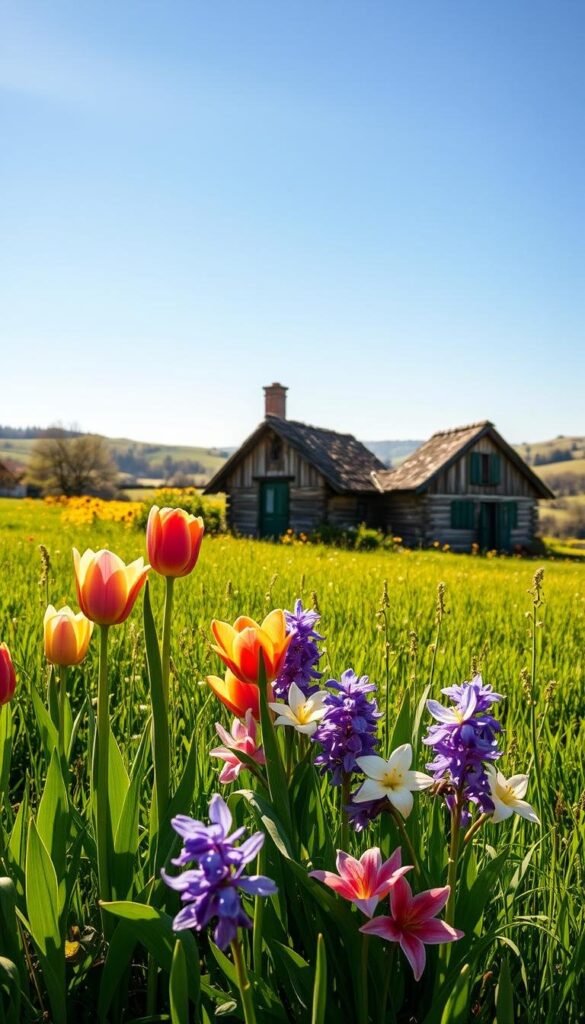 A lush, sun-dappled meadow in the height of spring. In the foreground, a vibrant bouquet of freshly bloomed flowers - tulips, lilies, and hyacinths - their petals gently swaying in a gentle breeze. The middle ground features a picturesque cottage, its weathered wood panels and thatched roof inviting a sense of tranquility. In the distance, rolling hills and a cloudless azure sky, creating a serene, idyllic landscape. The lighting is soft and warm, casting a golden glow over the entire scene, enhancing the natural beauty of the seasonal blooms. This image captures the essence of the health benefits of floral scents, evoking a sense of calm, rejuvenation, and the restorative power of nature.