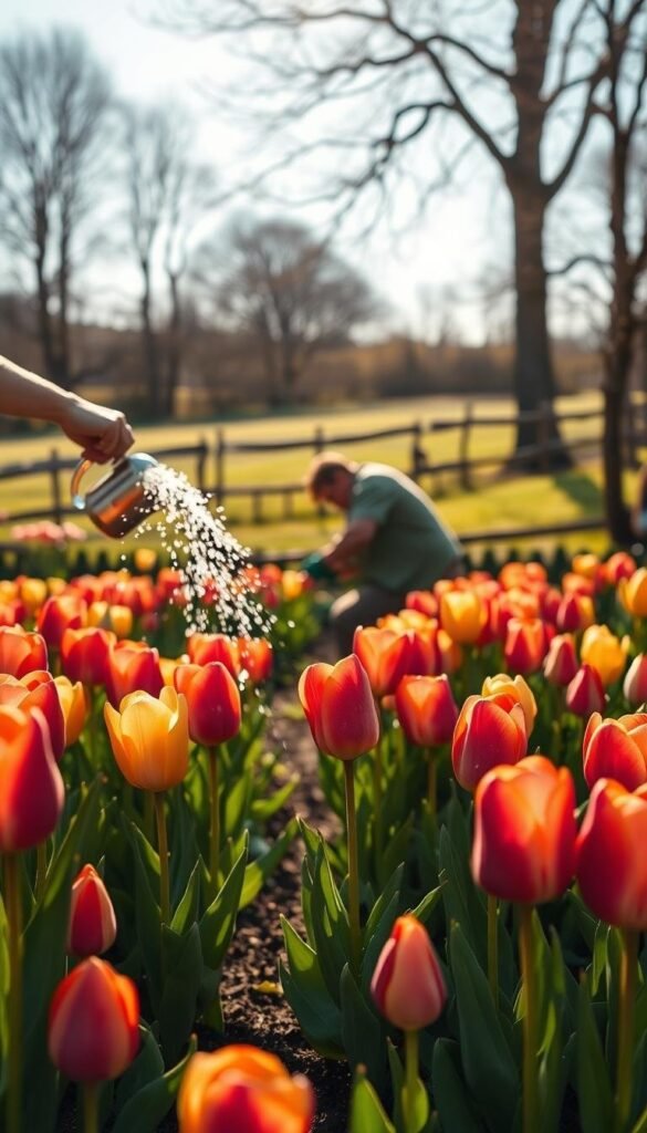 A lush, sun-dappled tulip garden in full bloom. In the foreground, a gardener's hands gently water a row of vibrant tulips, the droplets glistening on the delicate petals. In the middle ground, another gardener kneels, carefully applying a layer of rich, organic fertilizer around the base of the tulips. The background showcases a verdant scene with towering trees, a wooden fence, and a cloudless blue sky. The lighting is soft and natural, creating a warm, inviting atmosphere that captures the essence of caring for these beloved springtime flowers.