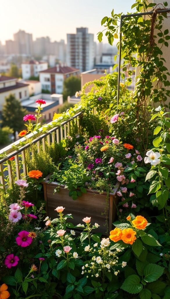 A lush, sun-drenched balcony garden, teeming with vibrant blooms and verdant foliage. In the foreground, a mix of companion plants - fragrant herbs, colorful flowers, and leafy greens - thriving in harmony. Mid-ground features a rustic wooden planter box overflowing with cascading vines and trailing blossoms. The background showcases the urban cityscape beyond, providing a picturesque contrast. Warm, golden lighting filters through the scene, casting a soft, inviting glow. The composition is balanced, with a sense of depth and natural abundance, capturing the essence of a thriving, urban oasis.