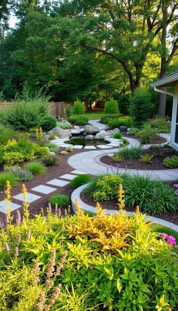 A lush, sustainable backyard oasis with a focus on native plants, permeable surfaces, and integrated water management. In the foreground, a vibrant garden bed with a mix of perennials, shrubs, and ground cover, softly lit by the warm glow of the afternoon sun. The middle ground features a winding path of natural stone pavers, leading towards a serene water feature surrounded by strategically placed boulders. In the background, a dense canopy of mature trees provides shade and wildlife habitat. The overall scene conveys a sense of harmony, balance, and environmental consciousness, perfectly suited to illustrate the "Sustainability in Front Yard Landscaping" section.