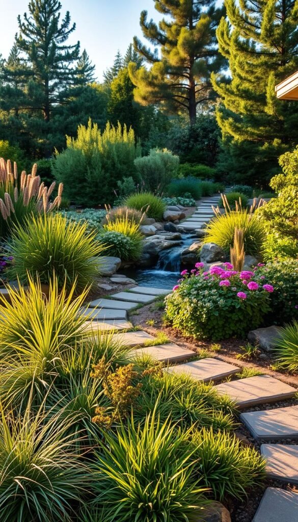 A lush, sustainable front yard landscape with a focus on native plants, a meandering stone pathway, and a trickling water feature. The scene is bathed in warm, golden afternoon light, casting soft shadows across the verdant foliage. In the foreground, a mixture of drought-tolerant grasses and flowering perennials create a textured tapestry. Midground features a small pond with a simple waterfall, surrounded by carefully placed boulders and river rocks. The background showcases a mix of tall, swaying trees and shrubs that provide privacy and shelter for local wildlife. The overall atmosphere evokes a sense of tranquility and harmony between the natural and the cultivated.