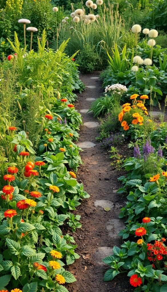 A lush, thriving organic vegetable garden laid out in a visually appealing and functional design. The foreground features a variety of vegetables such as tomatoes, peppers, and leafy greens, interspersed with companion plants like marigolds and nasturtiums to deter pests. The middle ground showcases a well-tended path winding through the garden, bordered by fragrant herbs like rosemary and lavender. In the background, a diverse array of beneficial plants like yarrow, dill, and fennel provide a natural ecosystem for pollinators and predatory insects. Warm, natural lighting casts a soft, inviting glow over the scene, captured from a slightly elevated angle to showcase the thoughtful layout and vibrant, healthy plants.