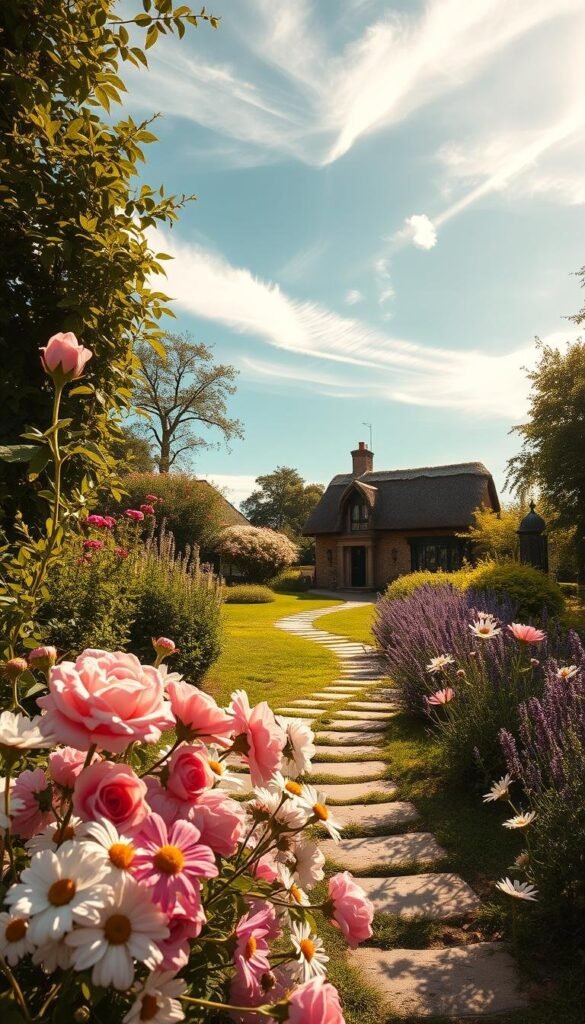 A lush, traditional English cottage garden, basking in warm, golden afternoon light. In the foreground, a vibrant array of classic garden flowers - delicate pink and white roses, cheerful daisies, and clusters of lavender swaying gently in a gentle breeze. The middle ground features a picturesque stone path winding through verdant foliage, leading the eye towards a charming thatched-roof cottage nestled in the background. Wispy clouds dot the soft, azure sky, casting gentle shadows that add depth and dimension to the serene pastoral scene. The overall atmosphere evokes a sense of timeless tranquility and old-world charm.