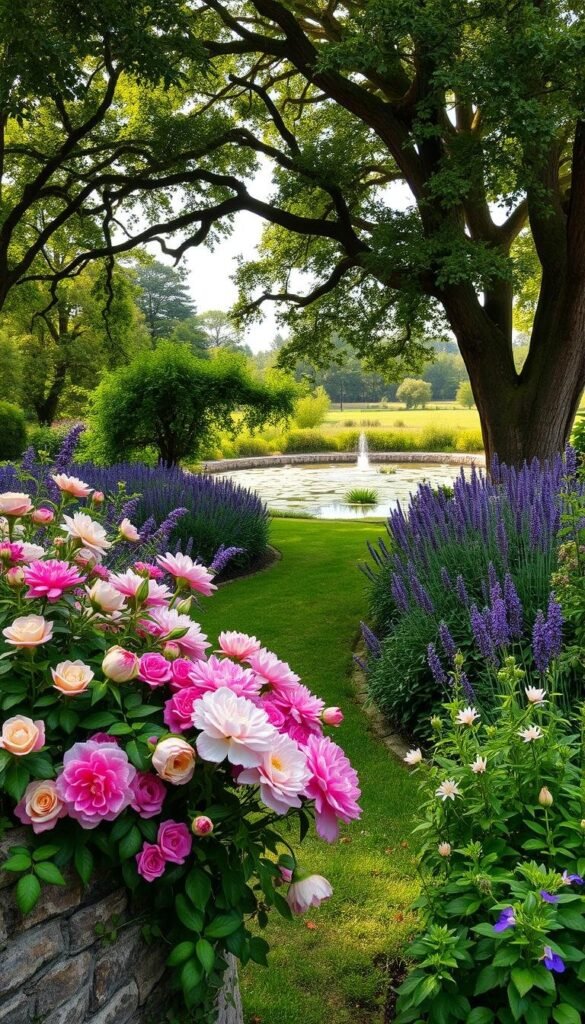 A lush, verdant English flower garden, brimming with natural elements. In the foreground, a profusion of vibrant blooms - roses, peonies, and lilies - cascading over a rustic stone wall. In the middle ground, a winding path leads through a bower of trailing vines and fragrant lavender. Towering oak trees frame the scene, their canopy dappling the garden with soft, golden light. In the distance, a tranquil pond reflects the sky, its surface dotted with lily pads. The air is heavy with the scent of earth and flowers, evoking a sense of timeless beauty and tranquility.