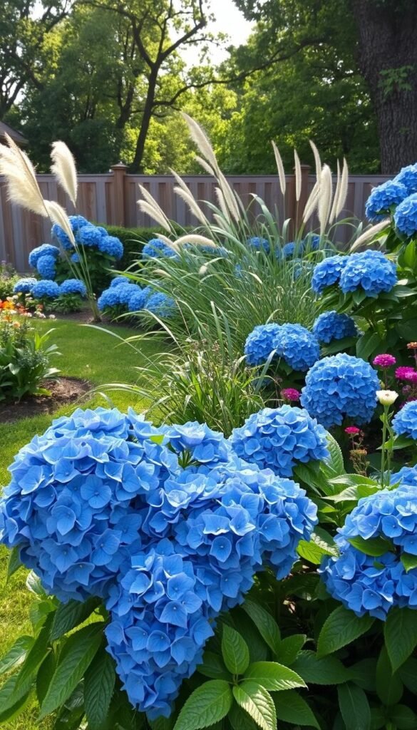 A lush, verdant backyard landscape showcasing a captivating display of hydrangea bushes in full bloom. In the foreground, large mounds of vibrant, blue-hued hydrangea flowers cascade gracefully, their petals gently swaying in a soft breeze. The middle ground features a mix of complementary native plants, such as tall, swaying grasses and delicate wildflowers, creating a harmonious and natural-looking composition. In the background, a wooden fence and a line of mature trees frame the scene, casting soft, dappled light across the entire landscape. The overall atmosphere is one of serenity and harmony, highlighting the beauty and sustainability of incorporating native flora into modern backyard design.