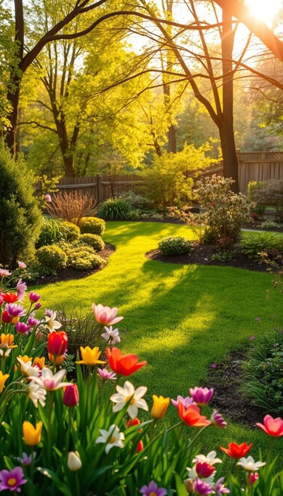A lush, verdant backyard oasis transforms with the seasons. In the foreground, a vibrant flower garden bursts with colorful blooms - tulips, daffodils, and cherry blossoms sway gently in the soft breeze. The middle ground features a well-manicured lawn dotted with thriving shrubs and young trees, their leaves reflecting the changing hues of spring, summer, autumn, and winter. In the background, a picturesque wooden fence frames the scene, leading the eye towards a tranquil pond or stream, its surface rippling with the ebb and flow of the seasons. Warm, golden sunlight filters through the canopy, casting a serene, inviting glow over the entire landscape. This image captures the essence of seasonal landscaping, where nature's rhythms harmonize to create a captivating, ever-evolving backyard oasis. A lush, verdant backyard oasis transforms with the seasons. In the foreground, a vibrant flower garden bursts with colorful blooms - tulips, daffodils, and cherry blossoms sway gently in the soft breeze. The middle ground features a well-manicured lawn dotted with thriving shrubs and young trees, their leaves reflecting the changing hues of spring, summer, autumn, and winter. In the background, a picturesque wooden fence frames the scene, leading the eye towards a tranquil pond or stream, its surface rippling with the ebb and flow of the seasons. Warm, golden sunlight filters through the canopy, casting a serene, inviting glow over the entire landscape. This image captures the essence of seasonal landscaping, where nature's rhythms harmonize to create a captivating, ever-evolving backyard oasis.