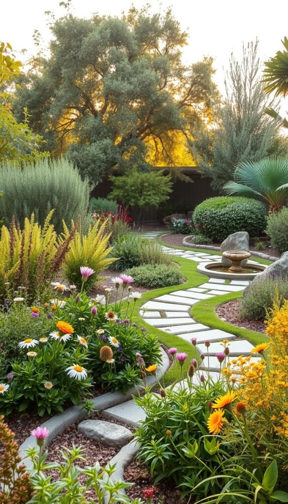 A lush, verdant backyard oasis with a focus on sustainable landscaping. In the foreground, a vibrant garden bed filled with native flowering plants and herbs, attracting a variety of pollinators. In the middle ground, a meandering path of natural stone pavers leads towards a small water feature, its soothing sounds complementing the scene. The background features a mix of drought-tolerant shrubs and trees, providing shade and habitat for local wildlife. Warm, diffused sunlight filters through the canopy, creating a serene and inviting atmosphere. The overall composition emphasizes the harmony between human-made and natural elements, showcasing a backyard that is both beautiful and ecologically responsible. A lush, verdant backyard oasis with a focus on sustainable landscaping. In the foreground, a vibrant garden bed filled with native flowering plants and herbs, attracting a variety of pollinators. In the middle ground, a meandering path of natural stone pavers leads towards a small water feature, its soothing sounds complementing the scene. The background features a mix of drought-tolerant shrubs and trees, providing shade and habitat for local wildlife. Warm, diffused sunlight filters through the canopy, creating a serene and inviting atmosphere. The overall composition emphasizes the harmony between human-made and natural elements, showcasing a backyard that is both beautiful and ecologically responsible.