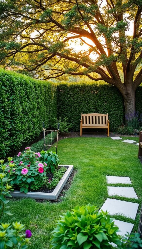 A lush, verdant backyard setting with various DIY landscaping projects in the foreground. In the middle ground, a raised garden bed with vibrant flowers and herbs, accompanied by a simple yet elegant stone pathway. In the background, a neatly trimmed hedge frames the scene, with a wooden garden bench nestled under a sprawling tree, bathed in warm, golden sunlight filtering through the leaves. The overall atmosphere is one of tranquility and effortless, budget-friendly charm, inviting the viewer to imagine themselves enjoying this serene outdoor space.
