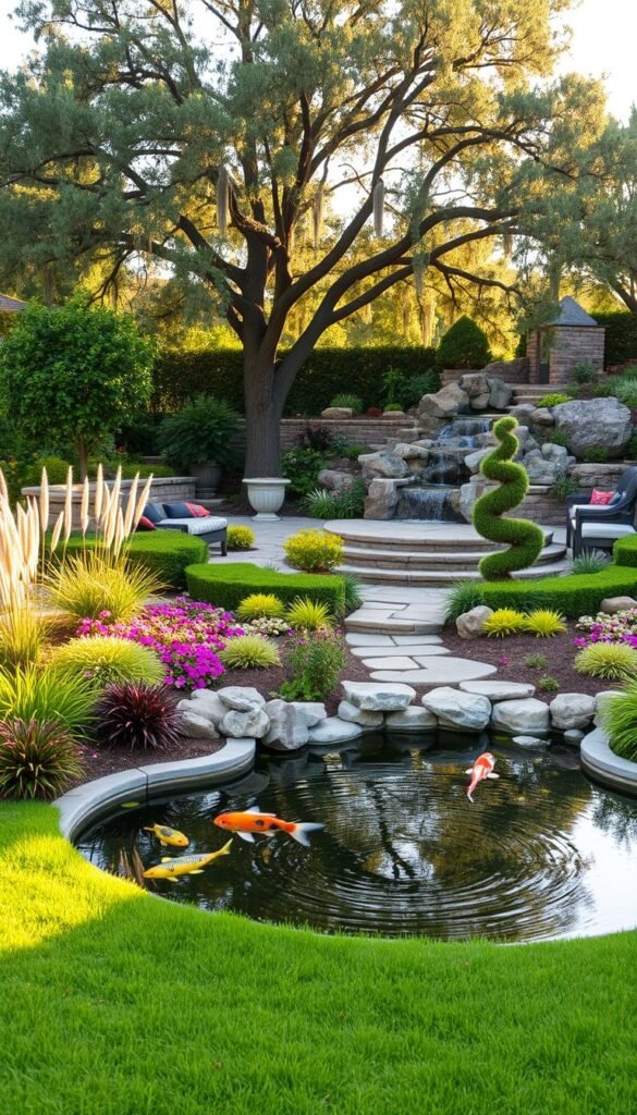 A lush, verdant backyard with a variety of landscaping styles on display. In the foreground, a well-manicured lawn frames a tranquil koi pond, its surface gently rippling. Surrounding the pond, a mix of ornamental grasses, vibrant flowerbeds, and neatly trimmed hedges create a visually stunning composition. In the middle ground, a stone patio with a cozy outdoor seating area is shaded by the canopy of a mature oak tree. Further back, a serene water feature cascades over natural rock formations, complementing the earthy tones of the surrounding landscape. The scene is bathed in warm, golden sunlight, creating a welcoming and harmonious atmosphere. A lush, verdant backyard with a variety of landscaping styles on display. In the foreground, a well-manicured lawn frames a tranquil koi pond, its surface gently rippling. Surrounding the pond, a mix of ornamental grasses, vibrant flowerbeds, and neatly trimmed hedges create a visually stunning composition. In the middle ground, a stone patio with a cozy outdoor seating area is shaded by the canopy of a mature oak tree. Further back, a serene water feature cascades over natural rock formations, complementing the earthy tones of the surrounding landscape. The scene is bathed in warm, golden sunlight, creating a welcoming and harmonious atmosphere.