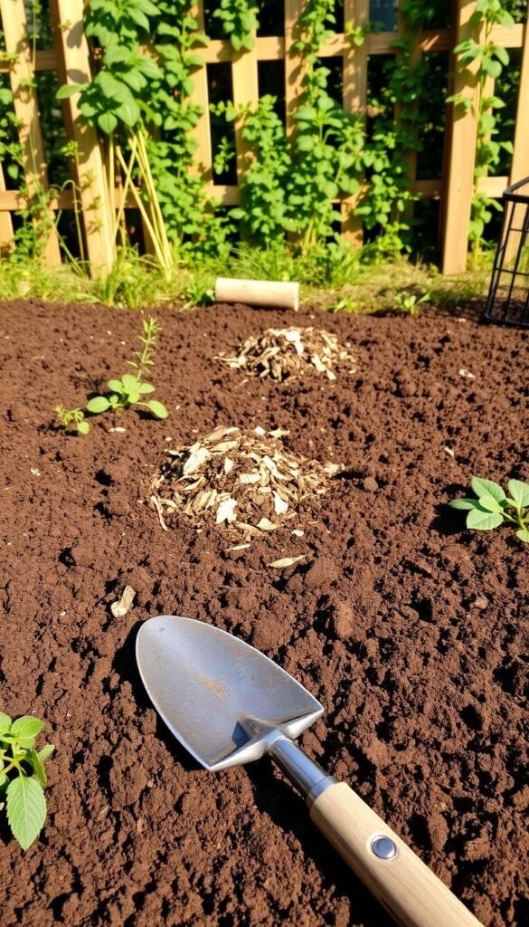 A lush, verdant garden bed with freshly tilled, dark brown soil. In the foreground, gardening tools like a spade, rake, and trowel are neatly arranged, showcasing the preparations for planting. Midground features a mix of organic matter, such as compost and peat moss, ready to be incorporated into the soil. In the background, a wooden fence or trellis frames the scene, hinting at the future wild flower growth. Warm, natural lighting casts gentle shadows, creating a serene, earthy atmosphere ideal for cultivating a thriving wild flower garden. A lush, verdant garden bed with freshly tilled, dark brown soil. In the foreground, gardening tools like a spade, rake, and trowel are neatly arranged, showcasing the preparations for planting. Midground features a mix of organic matter, such as compost and peat moss, ready to be incorporated into the soil. In the background, a wooden fence or trellis frames the scene, hinting at the future wild flower growth. Warm, natural lighting casts gentle shadows, creating a serene, earthy atmosphere ideal for cultivating a thriving wild flower garden.