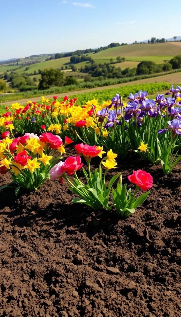 A lush, verdant garden bed with freshly tilled soil, ready to nurture a bounty of summer blooms. In the foreground, rich, dark earth is meticulously raked, creating a smooth, inviting canvas. Surrounding it, a profusion of delicate petals in vibrant hues - crimson roses, sunshine-yellow daffodils, and lavender-tinged irises - sway gently in a warm, golden light. In the background, a picturesque countryside with rolling hills and a clear, blue sky creates a serene, tranquil atmosphere, perfect for cultivating a bountiful summer flower garden.