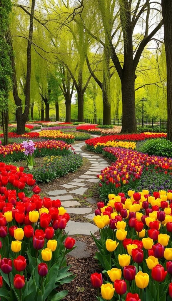 A lush, verdant garden filled with a vibrant display of tulips in full bloom. In the foreground, a carefully curated arrangement of tulips in a variety of colors - crimson, gold, and deep violet - arranged in harmonious patterns. The middle ground features a stone pathway winding through the tulip beds, inviting the viewer to explore. In the background, a row of tall, swaying trees provide a natural canopy, casting a warm, diffused light across the scene. The overall atmosphere is one of tranquility and natural beauty, creating a captivating visual experience that reflects the "Blooming Beauty" of a tulip garden.