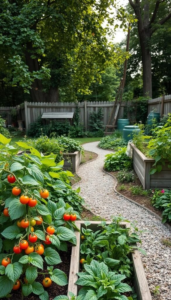 A lush, verdant garden in soft, natural light. In the foreground, a raised garden bed overflows with vibrant, organic vegetables and herbs. Heirloom tomato vines, leafy kale, and fragrant basil create a colorful tapestry. Gently curved garden paths of crushed stone wind through the middle ground, leading the eye to a compost bin and rain barrels in the background. Towering trees provide dappled shade, and a weathered wooden fence encloses the scene, creating a sense of tranquility and sustainability. The overall atmosphere is one of harmony and ecological balance, showcasing the beauty and abundance of a well-designed, eco-friendly garden.