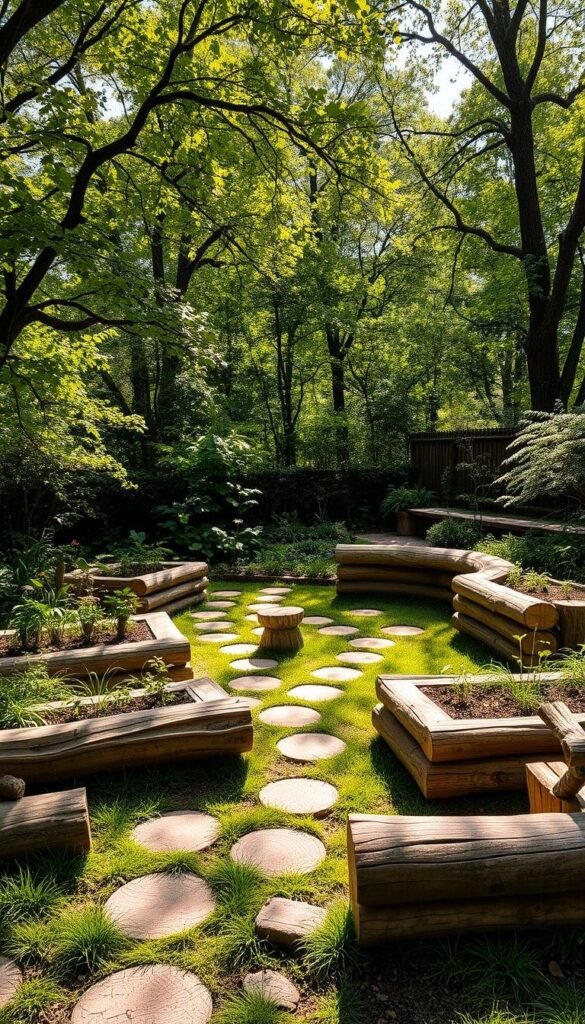 A lush, verdant garden scene showcasing an artfully arranged layout of natural wood logs, meticulously placed to create a captivating and functional design. The logs are of varying sizes and textures, strategically positioned to form pathways, seating areas, and raised planting beds. Sunlight filters through the canopy of surrounding trees, casting a warm, gentle glow and accentuating the organic, earthy tones of the wooden elements. The overall composition evokes a sense of tranquility and a deep connection to the natural world, perfectly embodying the essence of a garden journal and the beauty it seeks to capture.