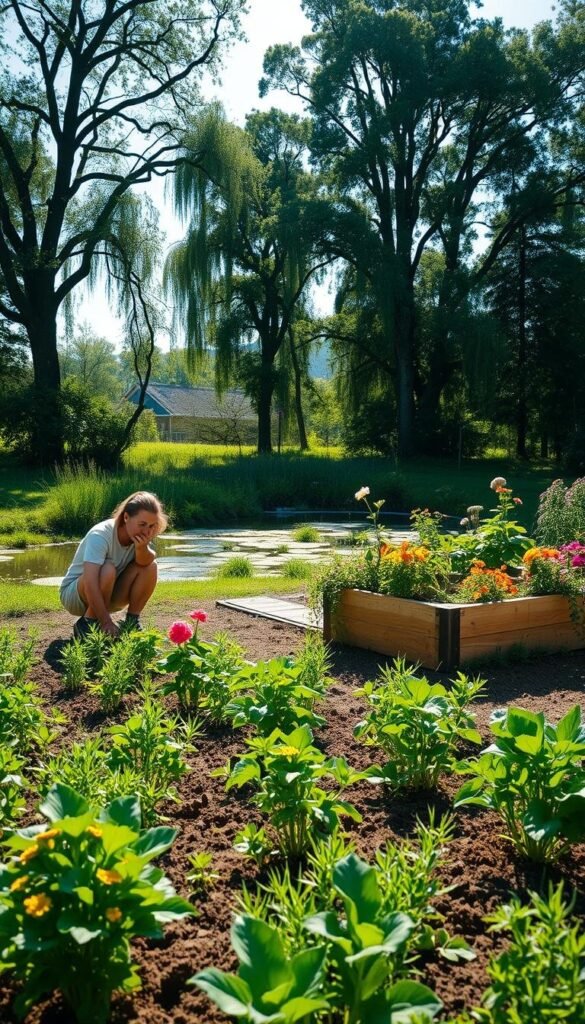 A lush, verdant garden situated in a serene, sun-dappled outdoor setting. In the foreground, a gardener kneels, thoughtfully inspecting the soil, considering optimal placement for a variety of vibrant flowering plants and vegetables. The middle ground features a well-tended raised garden bed, its wooden frame complementing the natural surroundings. In the background, a tranquil pond or stream reflects the sky, while towering trees provide gentle shade and a sense of peaceful seclusion. The lighting is warm and inviting, emphasizing the harmony between the gardener's efforts and the natural environment. An angle that captures the thoughtful decision-making process, highlighting the importance of choosing the right location to start a thriving garden from scratch.