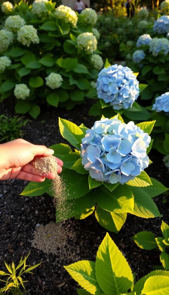A lush, verdant hydrangea plant is the focal point, its large, vibrant blooms commanding attention. In the foreground, a gardener's hand carefully sprinkles a handful of granular fertilizer around the base of the plant, ensuring the soil receives the necessary nutrients for optimal growth and bloom production. The scene is bathed in warm, golden afternoon light, casting gentle shadows and highlighting the intricate textures of the plant's foliage. The background features a well-tended garden, with other flourishing hydrangea bushes and complementary greenery, creating a harmonious and visually appealing composition.