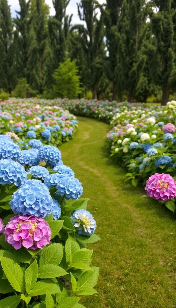 A lush, verdant landscape dotted with vibrant hydrangea blooms in varying shades of blue, pink, and white. The flowers stand tall and proud, their delicate petals framed by broad, green leaves. In the foreground, a carefully curated arrangement of different hydrangea varieties creates a visually striking display, highlighting their unique characteristics. The middle ground features a meandering path winding through the hydrangea beds, inviting the viewer to explore the tranquil scene. In the background, a row of tall, graceful trees provides a natural backdrop, casting gentle shadows and creating a serene, softly-lit atmosphere. The overall composition conveys a sense of harmony, balance, and a deep appreciation for the beauty of these captivating flowering shrubs.