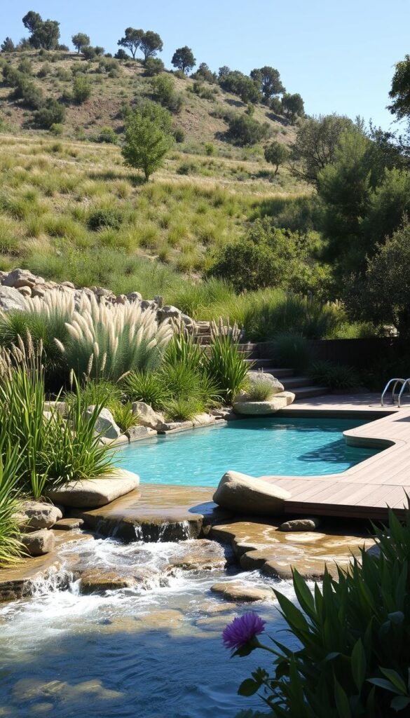 A lush, verdant landscape surrounds a sparkling, crystal-clear pool, with natural materials and earthy tones creating an eco-friendly oasis. In the foreground, a serene water feature cascades over smooth river rocks, while native plants and shrubs provide a natural, low-maintenance buffer around the pool's edge. The middle ground features a wood-planked deck, blending seamlessly with the surrounding landscape and providing ample space for lounging and entertaining. In the background, a gently sloping hill is dotted with tall, swaying grasses and mature trees, casting soft, dappled shadows over the entire scene. The overall atmosphere is one of tranquility and harmony, where nature and modern design coexist in perfect balance.
