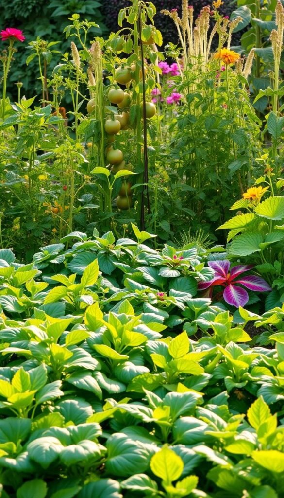 A lush, verdant vegetable garden showcasing diverse crop rotation and companion planting strategies. In the foreground, rows of leafy greens and vibrant vegetables stand in harmony, their leaves gently swaying in a soft breeze. In the middle ground, taller plants like tomatoes and beans intertwine, creating a natural support structure. The background features a range of flowering plants and herbs, their petals and leaves adding pops of color to the scene. Warm, diffused sunlight filters through the foliage, casting a gentle glow over the entire composition. The overall atmosphere conveys a sense of balance, sustainability, and the interconnectedness of a thriving organic garden.
