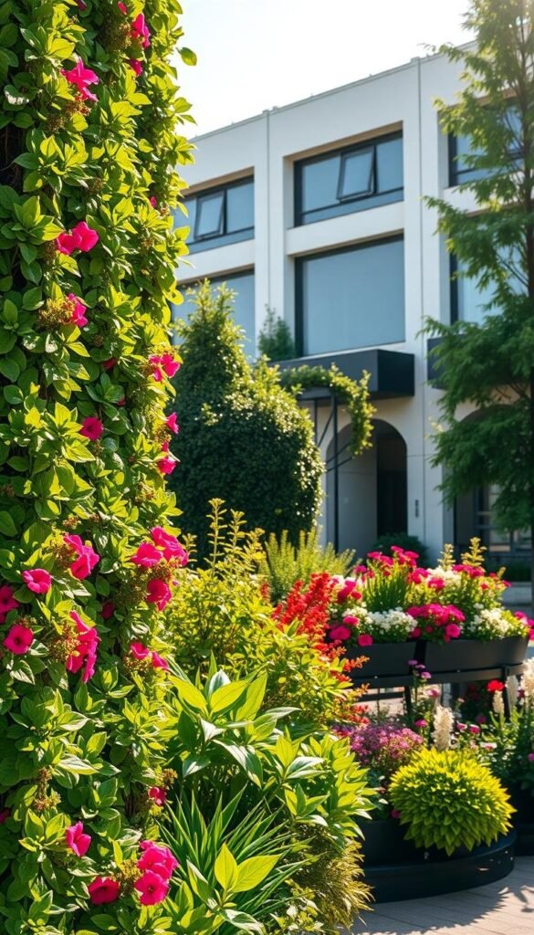 A lush vertical garden in a sun-drenched urban setting. In the foreground, a cascading wall of vibrant, well-tended foliage, each plant carefully arranged for maximum visual impact. In the middle ground, neatly tiered planter boxes line the facade, overflowing with a riot of colorful blooms. The background features a modern, minimalist building facade, its clean lines providing a striking contrast to the organic, verdant display. The scene is bathed in warm, golden light, creating a sense of tranquility and hopefulness. A perfect balance of nature and architecture, showcasing the beauty and versatility of vertical gardening solutions.
