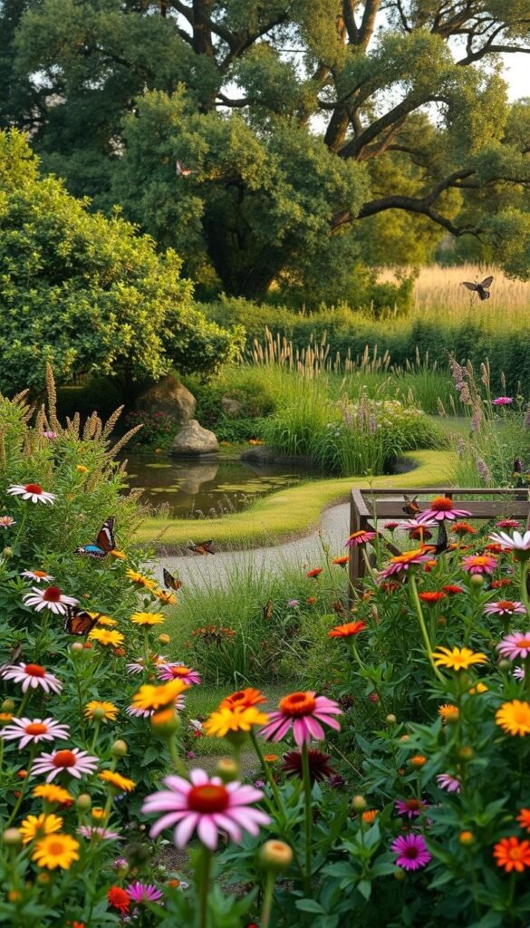 A lush, vibrant backyard garden teeming with diverse wildlife habitats. In the foreground, a thriving butterfly garden with colorful blooms and fluttering butterflies. In the middle ground, a serene pond surrounded by dense shrubbery and towering oak trees, providing shelter for birds and small mammals. The background features a wildflower meadow, its tall grasses swaying gently in the breeze, offering a sanctuary for bees and insects. Warm, soft lighting filters through the foliage, creating a magical, enchanting atmosphere. This idyllic scene invites visitors to immerse themselves in the natural wonder and appreciate the beauty of an English flower garden that supports a thriving ecosystem.