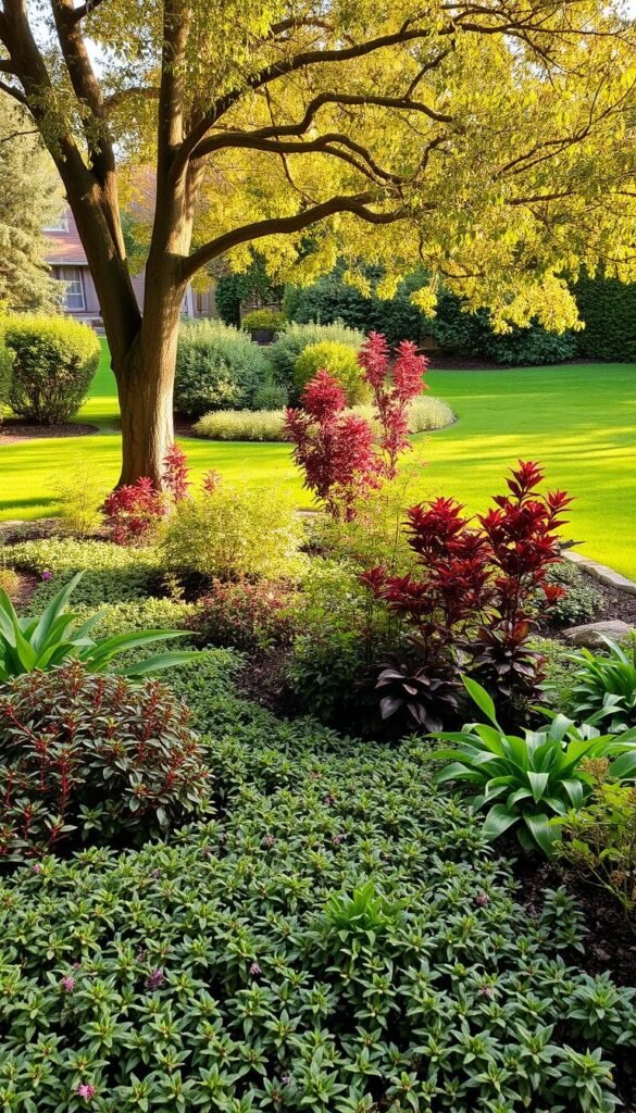 A lush, vibrant backyard landscape filled with a diverse array of plants and textures. In the foreground, a carefully curated selection of low-growing perennials and ground covers, their foliage creating a soft, inviting carpet. Towering trees and shrubs in the middle ground provide structure and seasonal interest, their branches casting dappled shadows across the scene. In the background, a verdant lawn frames the composition, leading the eye towards the horizon. Warm, natural lighting bathes the space, accentuating the rich colors and creating a sense of depth and atmosphere. The overall impression is one of tranquility and harmony, a serene outdoor oasis that invites exploration and relaxation.