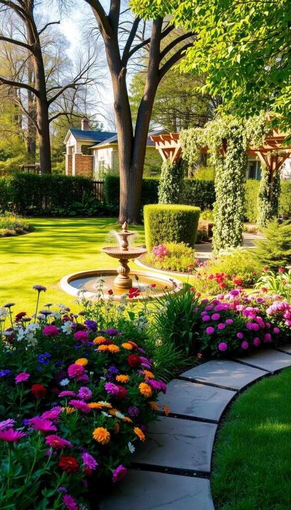 A lush, vibrant backyard with a mix of seasonal flowers, verdant foliage, and a well-manicured lawn. In the foreground, a colorful array of blooming perennials and annuals cascades along a stone pathway, leading the eye towards a central water feature where a serene fountain gently bubbles. Towering trees in the middle ground provide dappled shade, while in the background, a wooden pergola covered in climbing vines and trailing flowers creates a cozy, inviting atmosphere. The scene is bathed in warm, golden light, as if captured on a balmy spring afternoon, conveying a sense of tranquility and natural beauty. A lush, vibrant backyard with a mix of seasonal flowers, verdant foliage, and a well-manicured lawn. In the foreground, a colorful array of blooming perennials and annuals cascades along a stone pathway, leading the eye towards a central water feature where a serene fountain gently bubbles. Towering trees in the middle ground provide dappled shade, while in the background, a wooden pergola covered in climbing vines and trailing flowers creates a cozy, inviting atmosphere. The scene is bathed in warm, golden light, as if captured on a balmy spring afternoon, conveying a sense of tranquility and natural beauty.