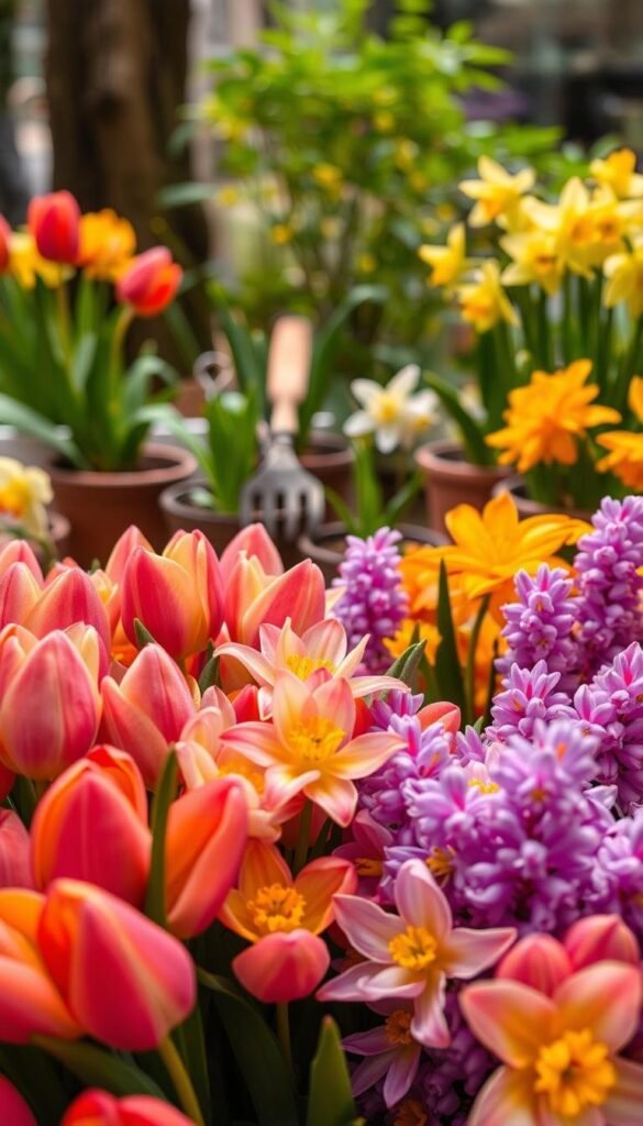 A lush, vibrant close-up showcasing a variety of April's seasonal blooms. In the foreground, delicate petals of vibrant tulips, daffodils, and hyacinths in warm, muted hues fill the frame. The middle ground features potted plants and small garden tools, suggesting a well-tended floral display. The background has a softly blurred, natural setting, with a hint of verdant foliage peeking through. The lighting is soft and diffused, creating a serene, inviting atmosphere that highlights the intricate textures and vibrant colors of the flowers. The overall composition draws the viewer's attention to the captivating details of these lovely April blooms.