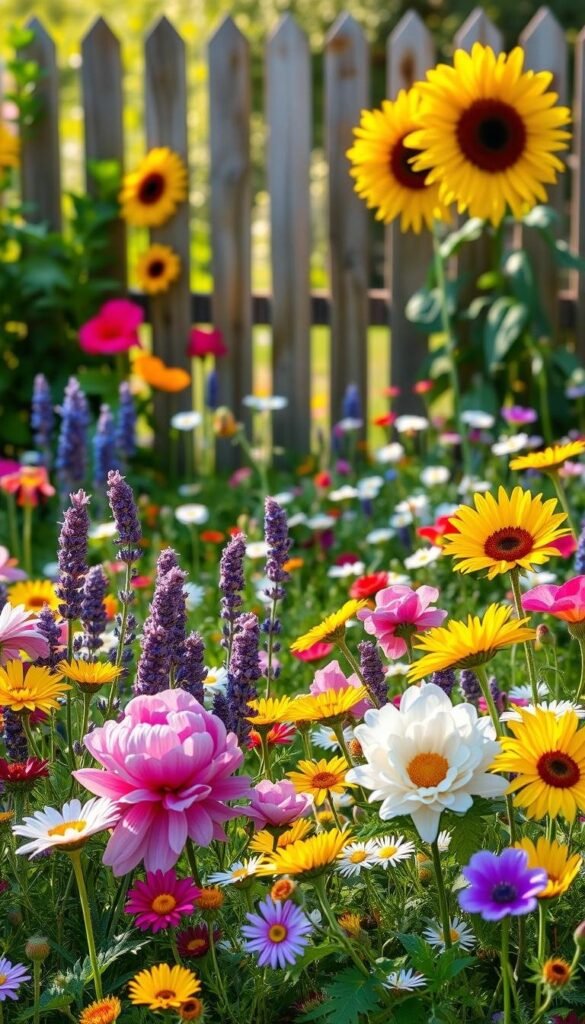 A lush, vibrant cottage garden filled with an enchanting array of flowers. In the foreground, a vibrant mix of colorful blooms - delicate peonies, cheerful sunflowers, and fragrant lavender. The middle ground showcases a verdant bed of wildflowers, including dainty daisies and whimsical poppies. In the background, a quaint wooden fence frames the scene, setting the stage for a charming and inviting atmosphere. Soft, natural lighting illuminates the garden, casting a warm, golden glow and creating a sense of tranquility. The overall composition evokes a sense of rustic elegance and invites the viewer to immerse themselves in the beauty of a quintessential cottage garden.