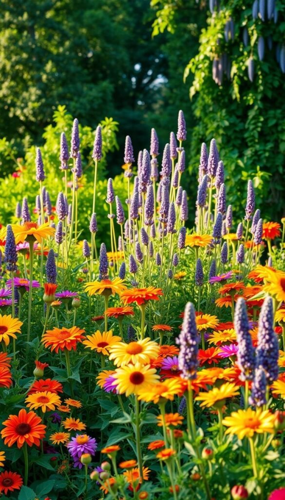 A lush, vibrant garden bursting with an array of summer blooms. The foreground features a profusion of colorful flowers such as sunflowers, zinnias, and marigolds, their petals basking in the warm, golden sunlight. In the middle ground, tall stalks of lavender sway gently in a soft breeze, their fragrant purple hues complementing the vibrant palette. Framing the scene, a verdant backdrop of lush foliage, including towering trees and cascading vines, creates a sense of depth and tranquility. The composition is balanced, with a harmonious interplay of colors, textures, and natural elements that evoke the quintessential beauty of a summer garden.