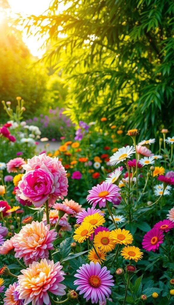 A lush, vibrant garden bursting with blooming summer flowers. In the foreground, clusters of colorful blossoms - vibrant peonies, delicate roses, and cheerful daisies - sway gently in the warm breeze. The middle ground features a mix of flowering plants, their petals unfurling in a riot of hues: deep purples, sunny yellows, and soft pinks. In the background, a verdant backdrop of swaying foliage frames the scene, creating a sense of depth and tranquility. Warm, golden lighting filters through the leaves, casting a soft, natural glow over the entire composition. The overall atmosphere is one of abundant, joyful life - a celebration of the beauty and abundance of summer.