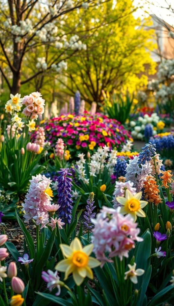 A lush, vibrant garden bursting with early spring blooms. In the foreground, delicate clusters of pastel-hued tulips, daffodils, and hyacinths sway gracefully in a gentle breeze. The middle ground features a carefully curated arrangement of primroses, grape hyacinths, and fragrant violas, their colors complementing each other harmoniously. In the background, a backdrop of verdant, newly-emerged foliage and blossoming trees sets the scene, creating a sense of depth and natural beauty. The lighting is soft and diffused, casting a warm, golden glow that enhances the rich hues of the flowers. The overall composition exudes a serene, tranquil atmosphere, inviting the viewer to immerse themselves in the beauty of early spring.