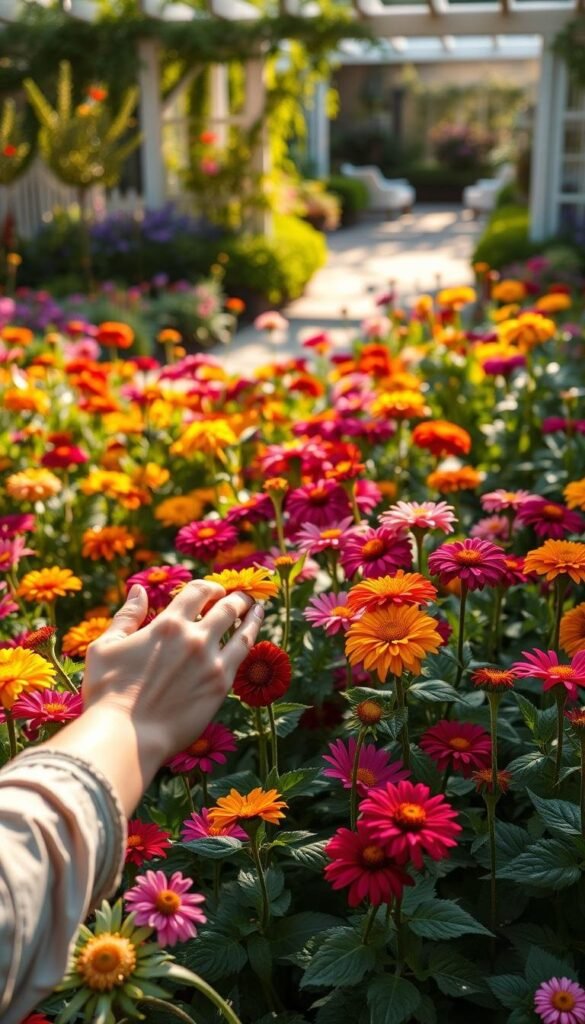 A lush, vibrant garden filled with late summer flowers in full bloom. In the foreground, a gardener's hands tenderly tending to a bed of colorful zinnias, dahlias, and marigolds. The middle ground showcases well-watered plants with healthy foliage, while the background depicts a sun-dappled patio or garden path, inviting the viewer to step into this serene, restorative setting. Soft, warm lighting bathes the scene, evoking the golden glow of a late afternoon. The overall composition conveys a sense of tranquility, expertise, and the joys of nurturing nature's beauty during the waning days of summer.