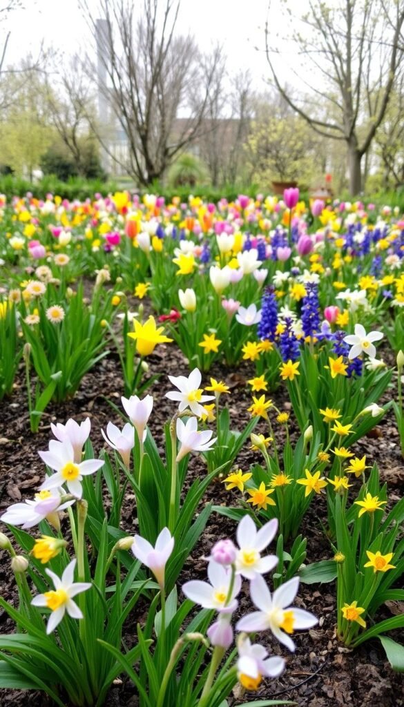 A lush, vibrant garden in early spring, with a variety of delicate blooms emerging from the soil. In the foreground, clusters of delicate pastel flowers - soft pink cherry blossoms, lavender crocus, and golden daffodils sway gently in the warm breeze. The middle ground features a mix of colorful tulips, fragrant hyacinths, and cheerful primroses, their petals catching the soft, diffused sunlight. In the background, a backdrop of verdant foliage and budding trees creates a serene, naturalistic setting. The overall scene exudes a sense of renewal, beauty, and the promise of a bountiful season to come. A lush, vibrant garden in early spring, with a variety of delicate blooms emerging from the soil. In the foreground, clusters of delicate pastel flowers - soft pink cherry blossoms, lavender crocus, and golden daffodils sway gently in the warm breeze. The middle ground features a mix of colorful tulips, fragrant hyacinths, and cheerful primroses, their petals catching the soft, diffused sunlight. In the background, a backdrop of verdant foliage and budding trees creates a serene, naturalistic setting. The overall scene exudes a sense of renewal, beauty, and the promise of a bountiful season to come.