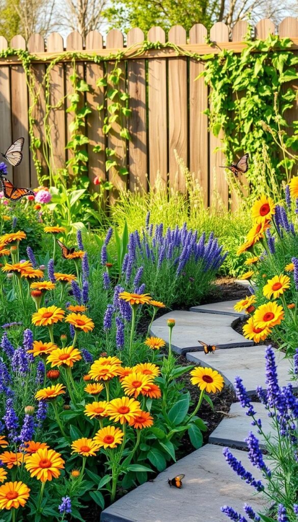 A lush, vibrant garden scene in the warm light of a spring afternoon. In the foreground, a diverse array of flowering plants - bright marigolds, cheerful sunflowers, and delicate lavender - arranged in a visually appealing layout. The middle ground features a curved stone path winding through the garden, inviting exploration. In the background, a picturesque wooden fence partially obscured by trailing vines and wildflowers, creating a sense of depth and natural enclosure. Butterflies and bees dart among the blooms, their movements captured with a shallow depth of field. The overall composition evokes a welcoming, pollinator-friendly environment, bursting with color and life.