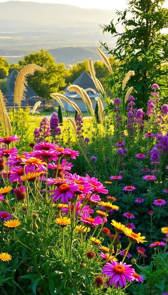A lush, vibrant garden scene on a warm late summer day. In the foreground, a profusion of blooming flowers in rich hues of pink, purple, and yellow, their petals softly illuminated by the golden afternoon light. The middle ground features a mix of tall, swaying perennials and leafy shrubs, creating a sense of depth and layering. In the background, a gently rolling landscape with a distant horizon line, bathed in a warm, hazy glow. The overall mood is one of abundance, tranquility, and the natural beauty of the changing seasons.